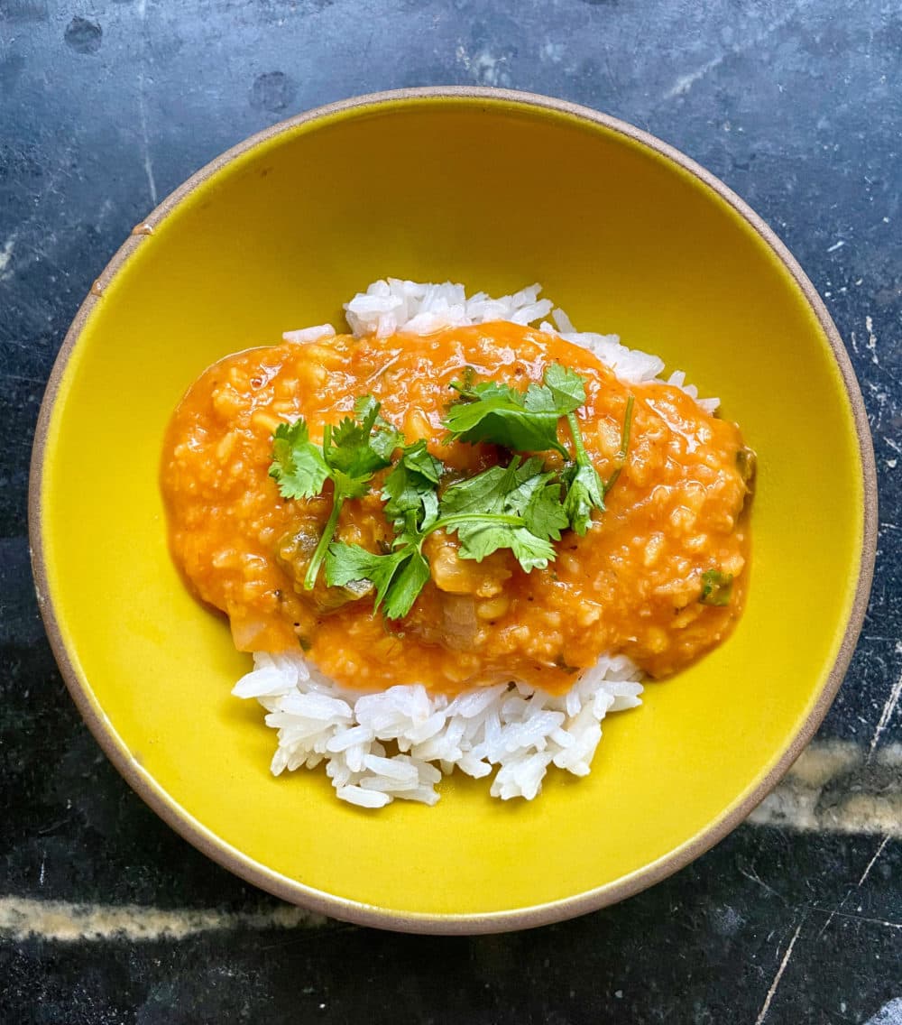 Dal (lentils) with tomatoes, coconut milk and cilantro (Kathy Gunst/Here &amp; Now)