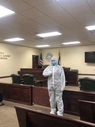 Housing attorney Nicole Paluzzi wearing a full protective suit to protect an immunocompromised client at North Charleston's Magistrate Court 3. (Courtesy of Nicole Paluzzi)