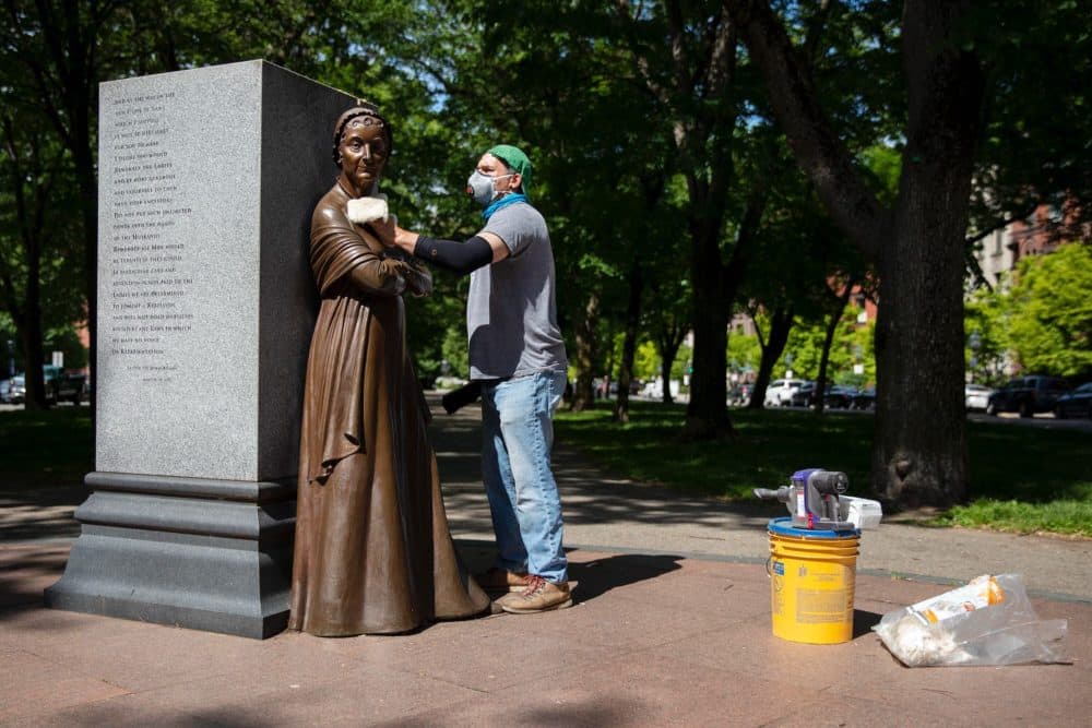 Adams statue at the Boston Women’s Memorial on the Commonwealth Avenue Mall. (Robin Lubbock/WBUR)