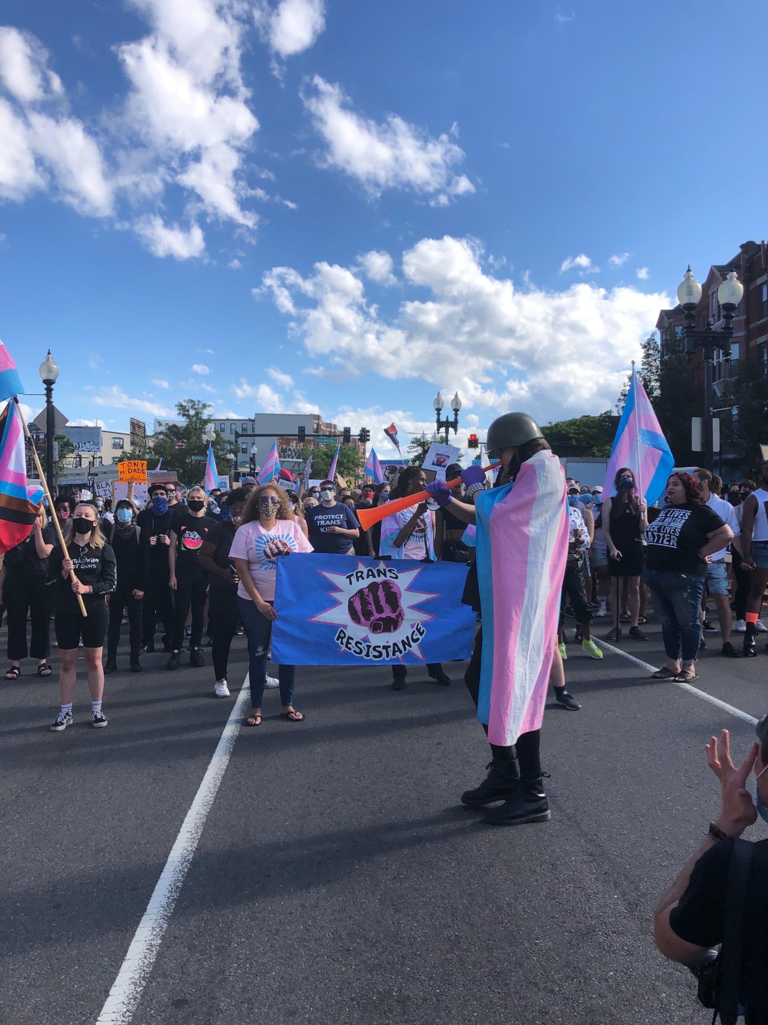 Protestors march for transgender rights in Boston Saturday. (Cristela Guerra/WBUR)