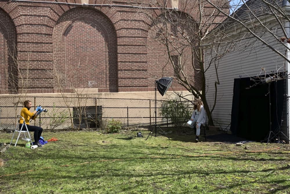 Katherine Taylor photographing in her backyard studio for the project &quot;Who Do You Wear a Mask For?&quot; (Courtesy Maria Freda)