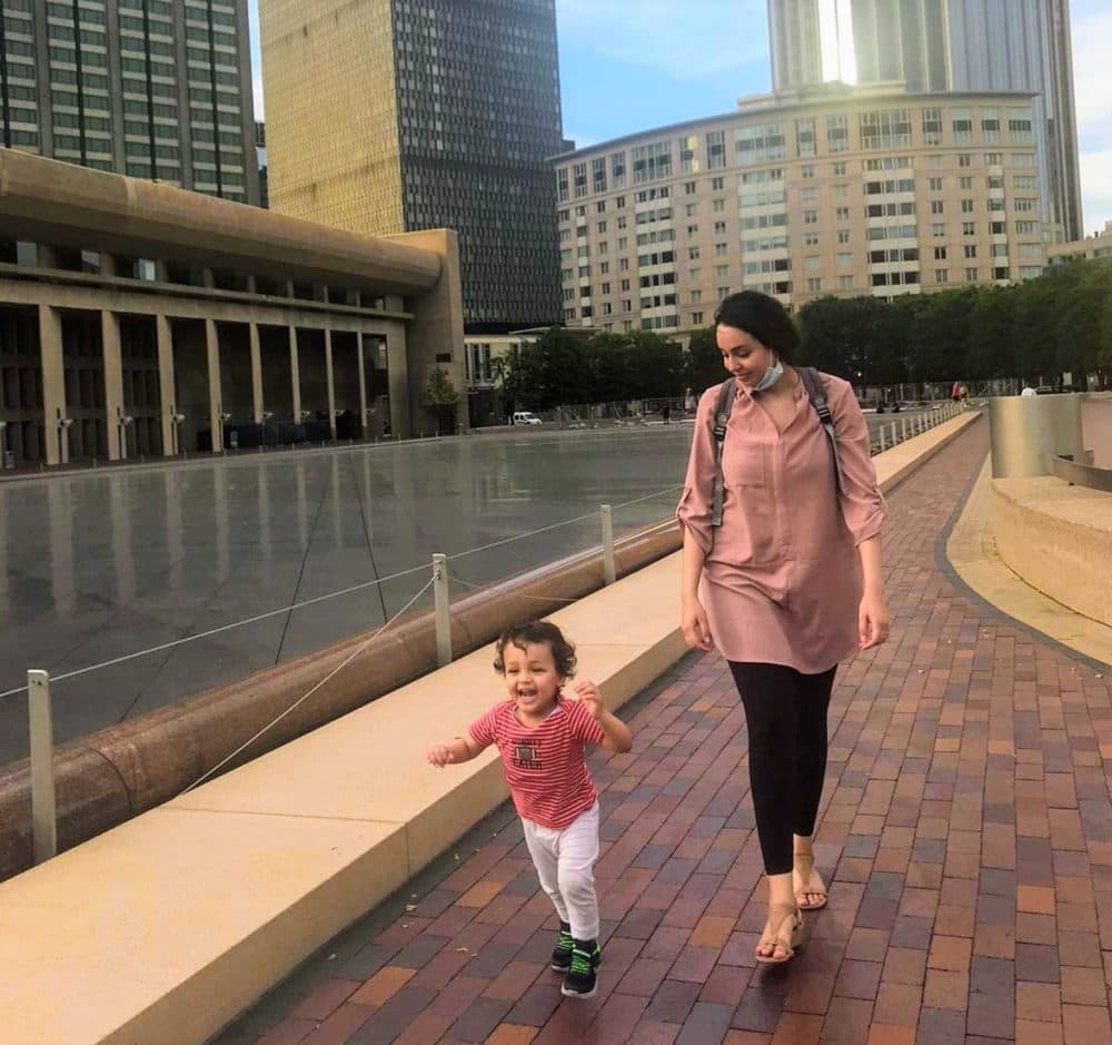 The author walks with her son. (Courtesy)