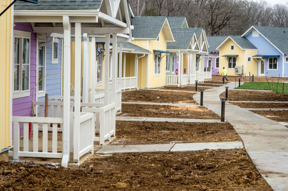 At Village Hearth Cohousing, colorful bungalows are nestled side-by-side, connected by walking paths. (Photo by Kate Medley for WUNC)