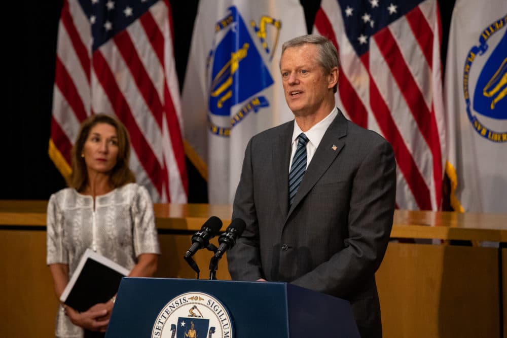 Gov. Charlie Baker held a State House news conference Wednesday to discuss a report on the deaths of at least 76 veterans with COVID-19 at the Holyoke Soldiers' Home. (Sam Doran/State House News Service)