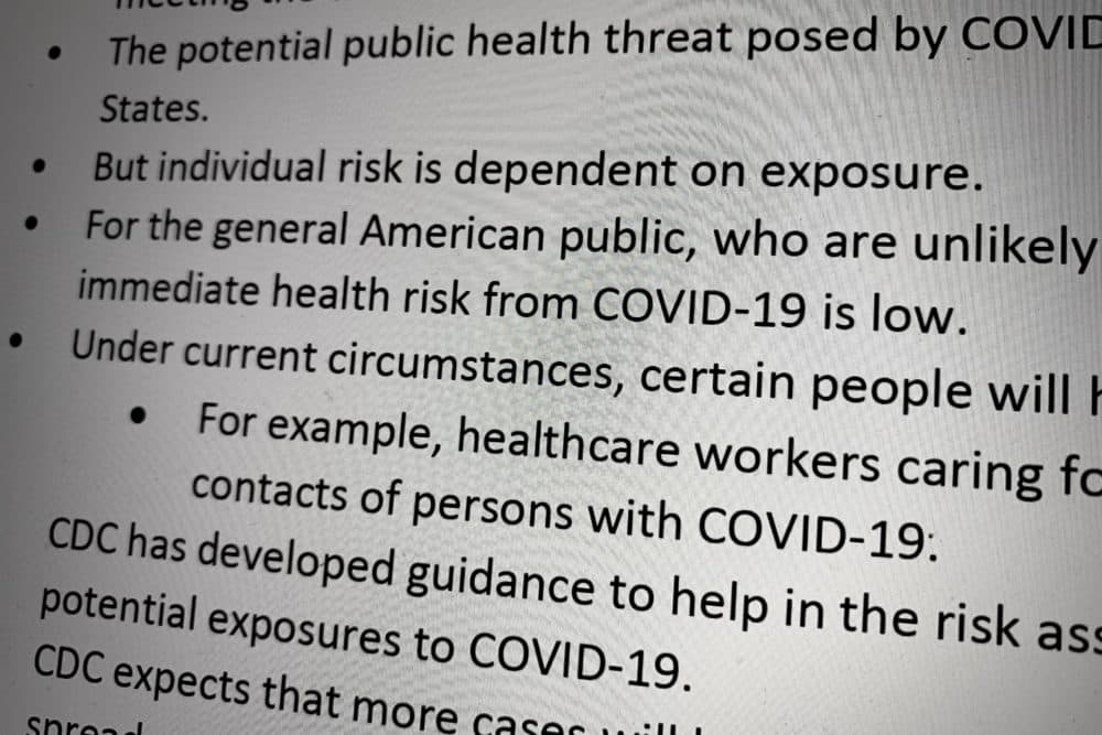 An image of a Centers for Disease Control and Prevention "daily key points" memo to states sent on Feb. 26. (Jesse Costa/WBUR)
