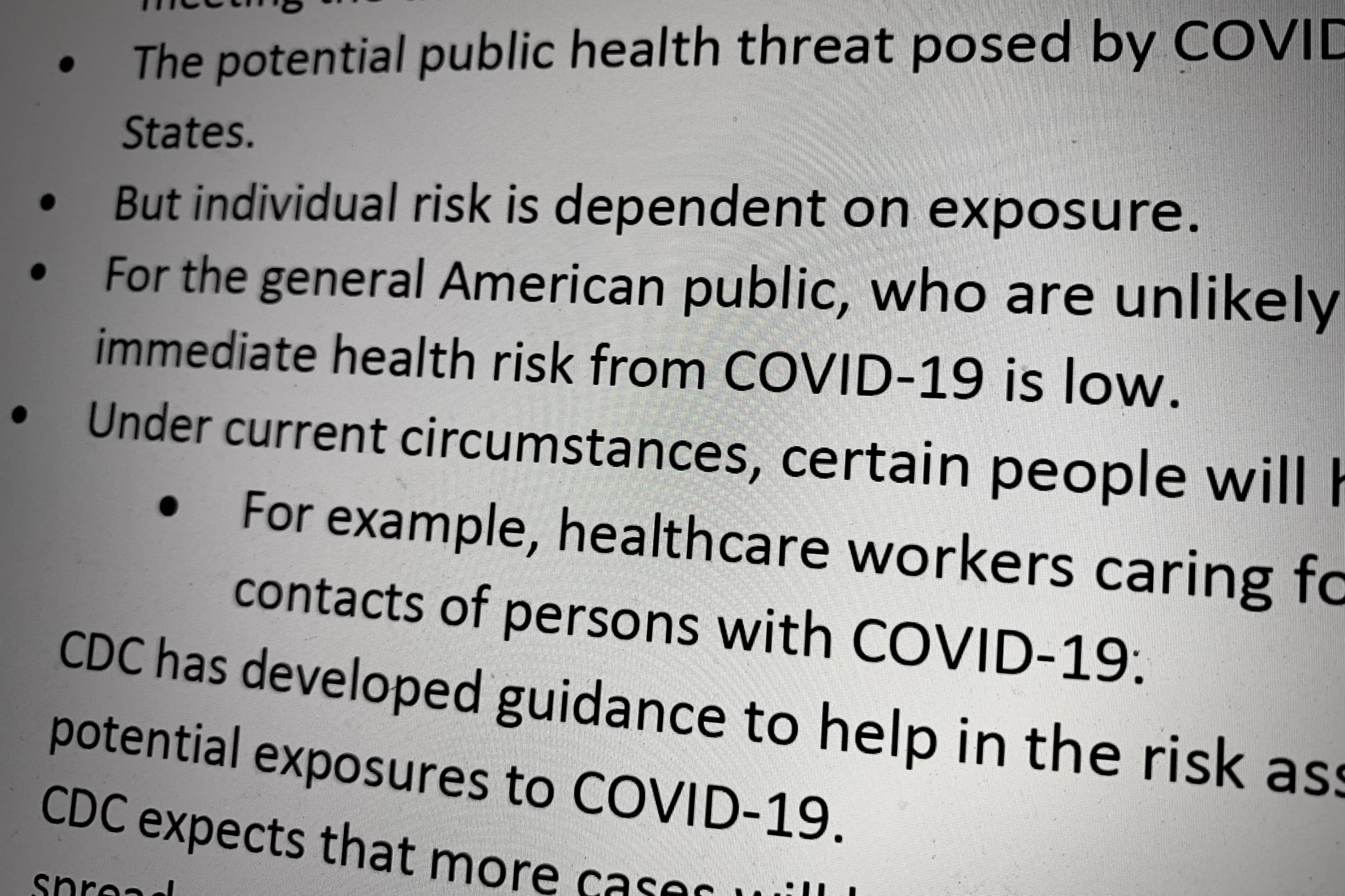 An image of a Centers for Disease Control and Prevention "daily key points" memo to states sent on Feb. 26. (Jesse Costa/WBUR)