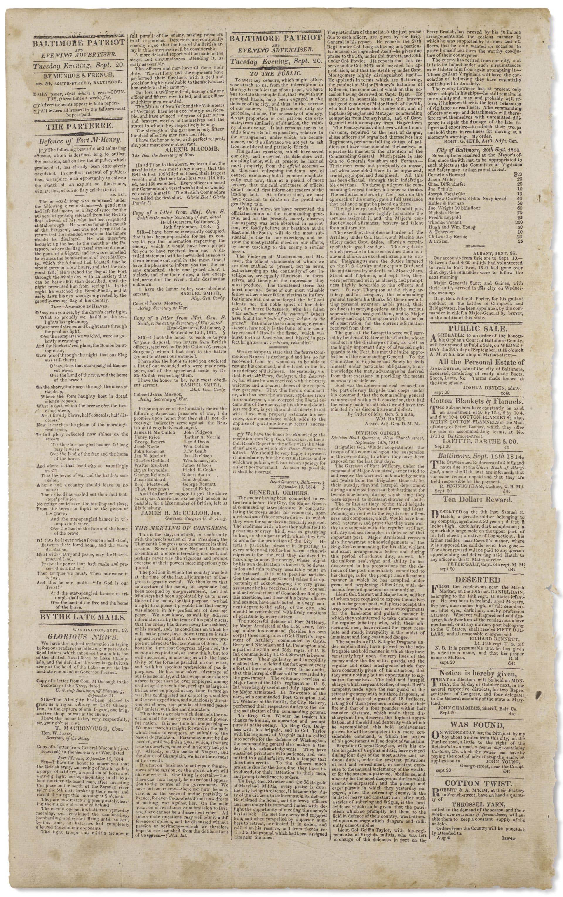 The issue of The Baltimore Patriot & Evening Advertiser for sale is dated September 20, 1814. (Courtesy Christie's)