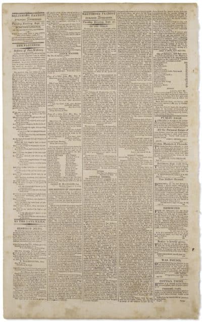 The issue of The Baltimore Patriot &amp; Evening Advertiser for sale is dated September 20, 1814. (Courtesy Christie's)