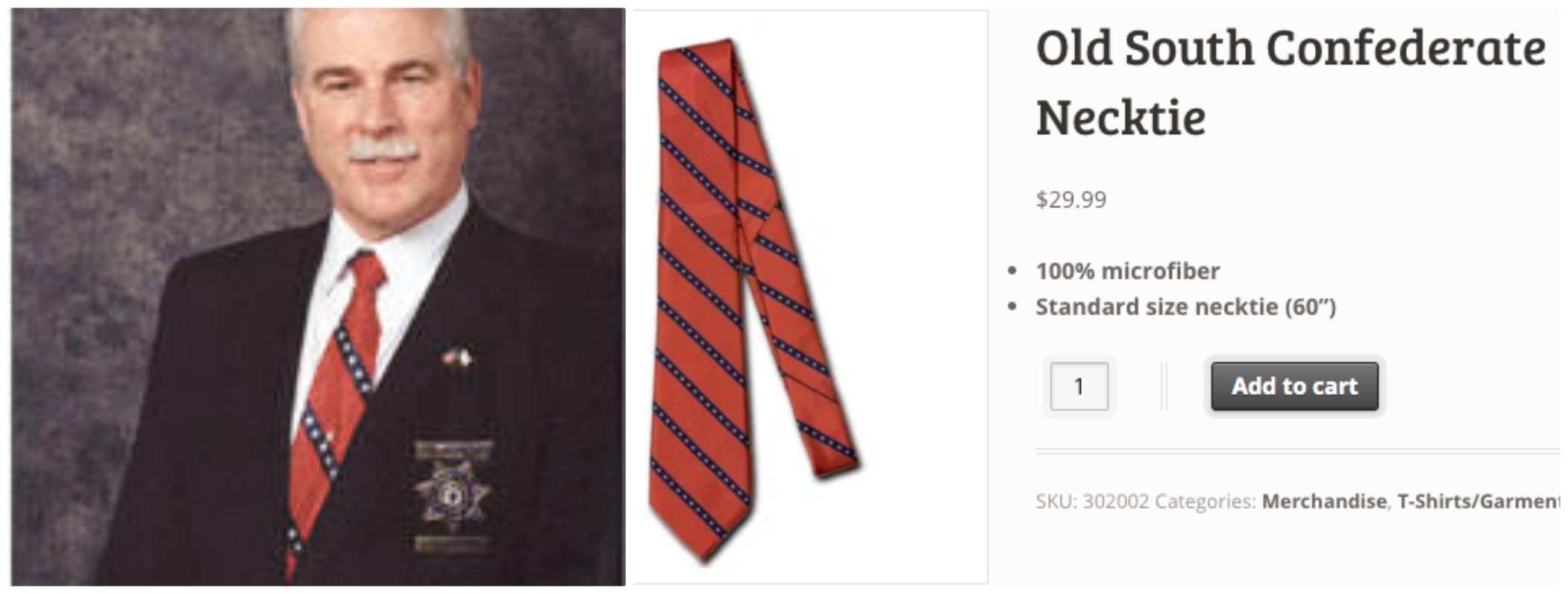 Left, a screenshot of Sheriff Thomas Hodgson's 2003 portrait featured on the Bristol County Sheriff's Office website. Right, a screenshot of a tie for sale on ConfederateShop.com. 