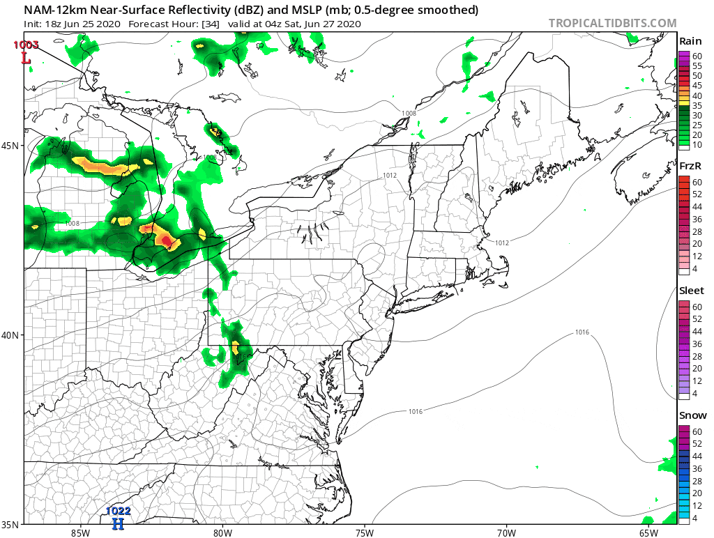 A few showers are likely Saturday in parts of New England. (Courtesy: Tropical Tidbits)