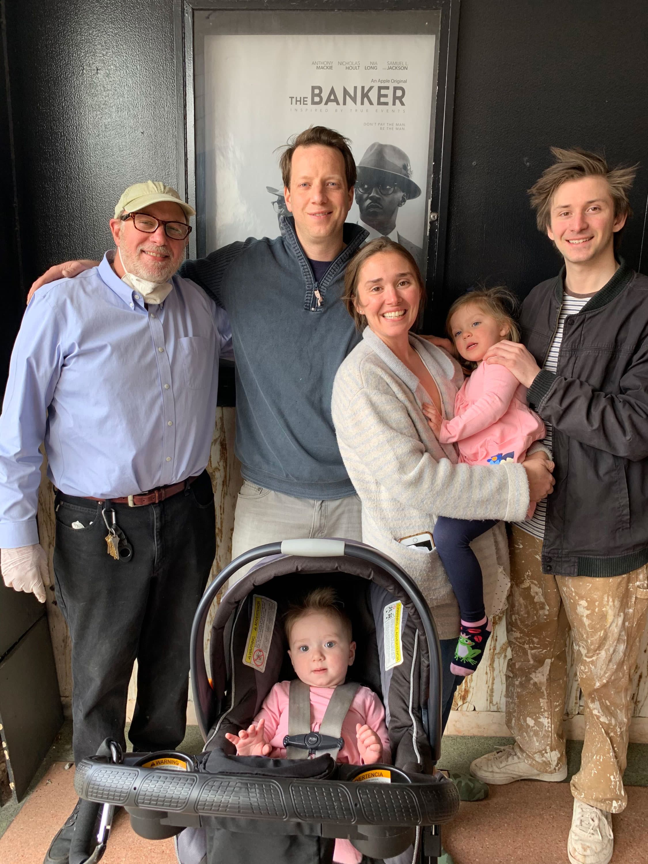 Left to right: West Newton Cinema owner David Bramante, Sean Bali, Bridget Bali, Nellie Bali, Russell Bramante and Miriam Bali. (Courtesy)
