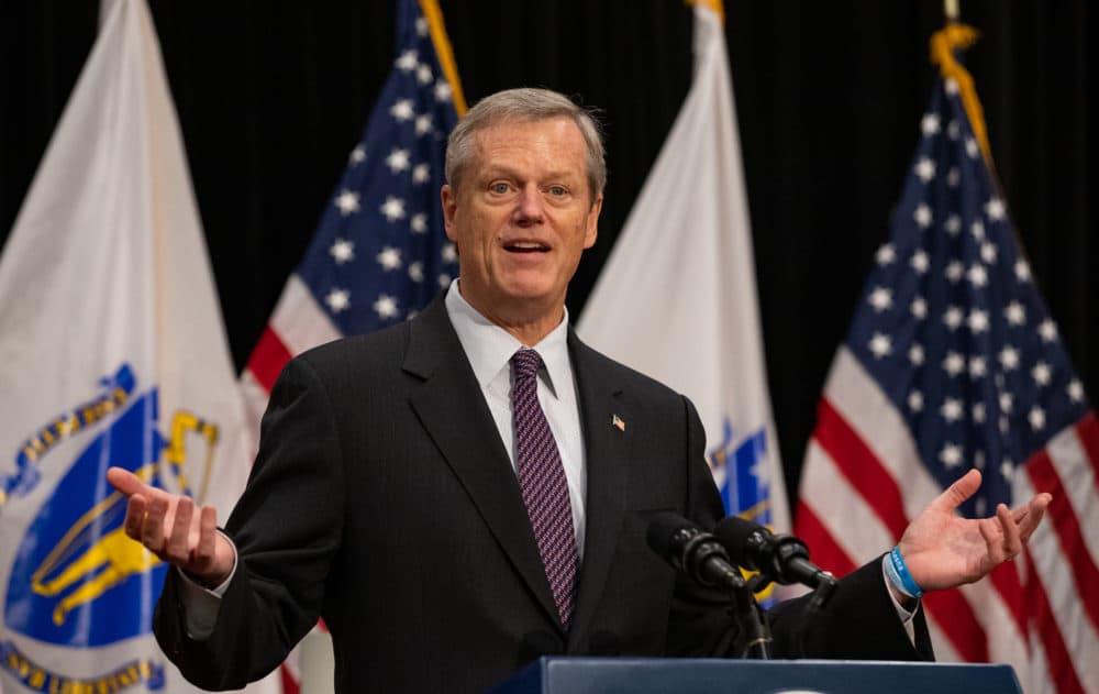 Gov. Charlie Baker at a press conference Friday at the State House. (Sam Doran/SHNS)