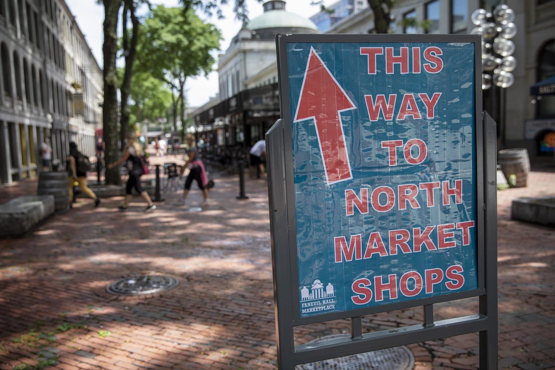 Quincy Market and Faneuil Hall Marketplace officially reopen after closing in March to slow the spread of the coronavirus. (Robin Lubbock/WBUR)