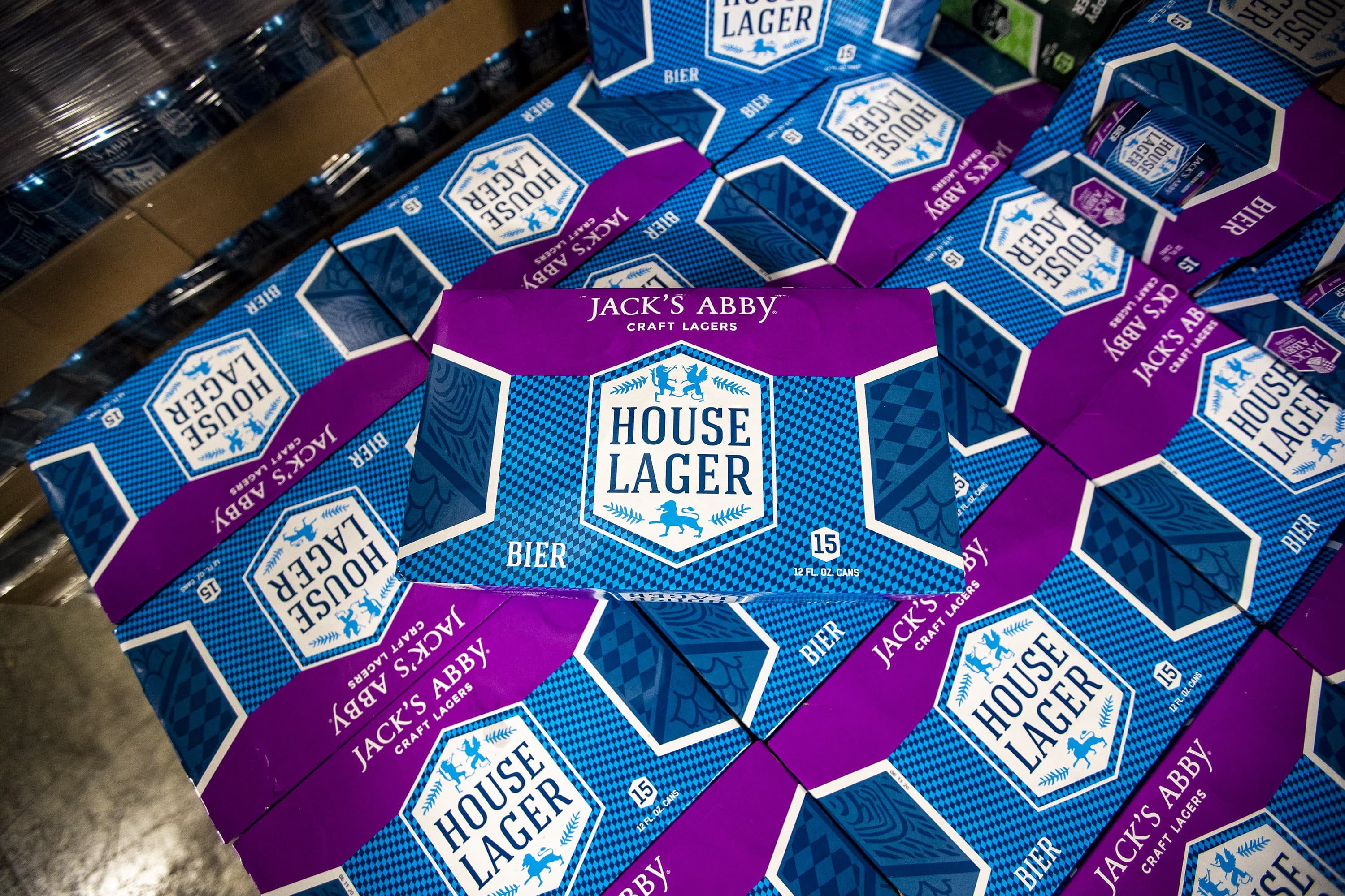 Jack's Abby expected more of these House Lager 15-pack cartons to arrive before Independence Day weekend, but the shipment was delayed. (Jesse Costa/WBUR)