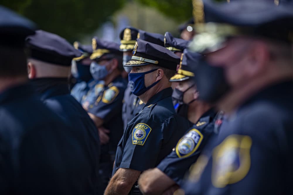 Police chiefs from across Massachusetts gather in Framingham last week to condemn the police reform measures up for debate in the state legislature. (Jesse Costa/WBUR)