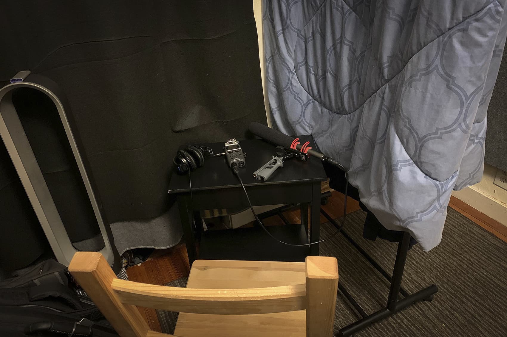 The home studio where the vast majority of "Coronavirus, Briefly" episodes have been recorded since March. (Franziska Monahan/WBUR)