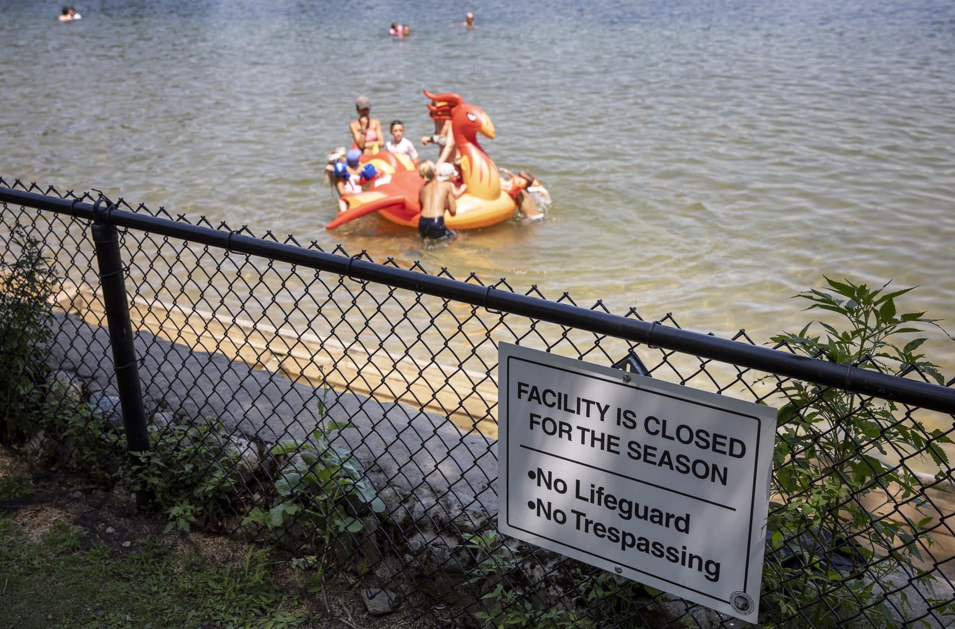 Although the Gil Champagne bathhouse is closed for the season due to COVID-19, people can still head down to Crystal Lake to cool off. (Robin Lubbock/WBUR)