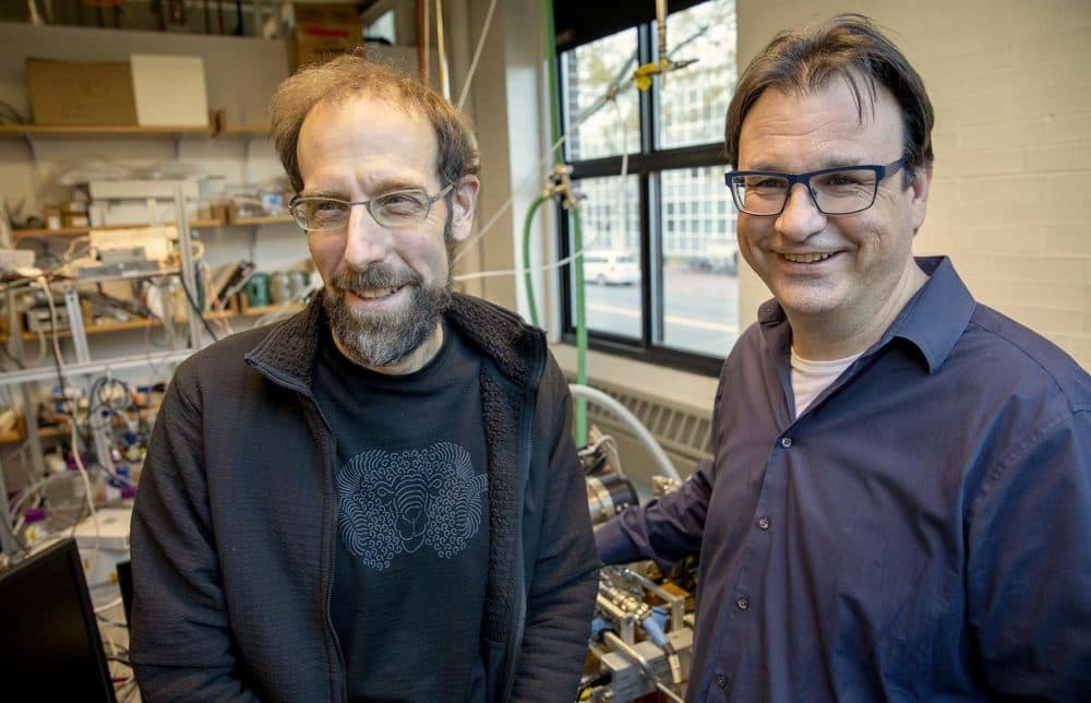 Professors David Keith and Frank Keutsch in their laboratory at Harvard University. (Robin Lubbock/WBUR)