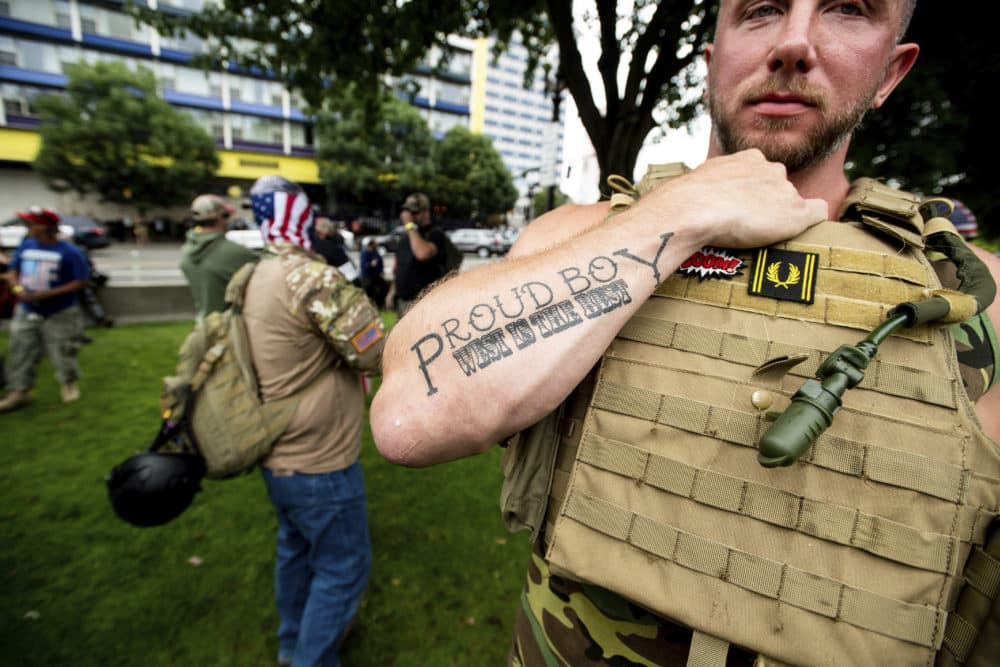 Joseph Oakman, a member of the Proud Boys, wears body armor during an &quot;End Domestic Terrorism&quot; rally in Portland, Ore., on Saturday, Aug. 17, 2019. (Noah Berger/AP Photo)