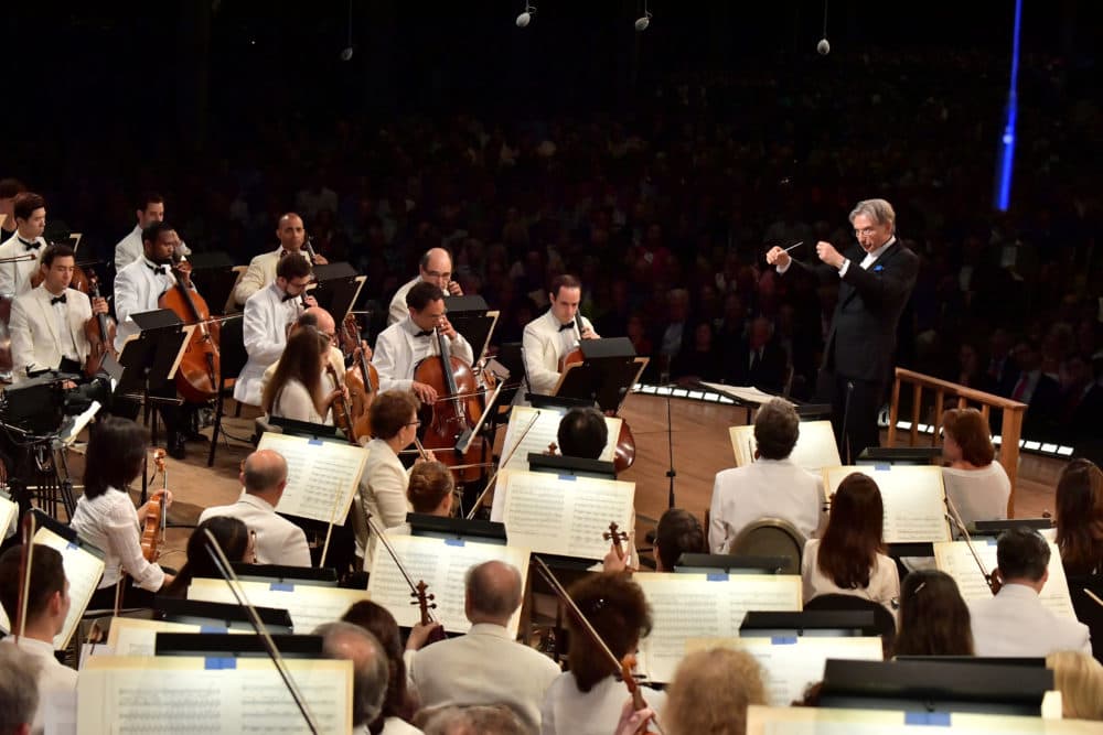 Michael Tilson Thomas conducts at the The Leonard Bernstein Centennial Celebration at Tanglewood on August 25, 2018 in Lenox, Mass. The Boston Symphony Orchestra was joined by members of the New York Philharmonic, Vienna Philharmonic Orchestra, Israel Philharmonic Orchestra, Tanglewood Music Center Orchestra, Pacific Festival and Schleswig-Holstein Music Festival. (Paul Marotta/Getty Images)