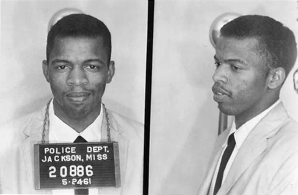 A mug shot of civil rights activist and politician John Lewis, following his arrest in Jackson, Mississippi for using a restroom reserved for 'white' people during the Freedom Ride demonstration against racial segregation, 24th May 1961. (Photo by Kypros/Getty Images)
