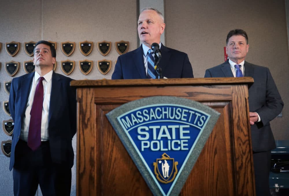 Massachusetts State Police Colonel Christopher S. Mason holds a press conference in January giving an update on disciplinary action against troopers in the overtime scandal. (Photo by David L. Ryan/The Boston Globe via Getty Images)
