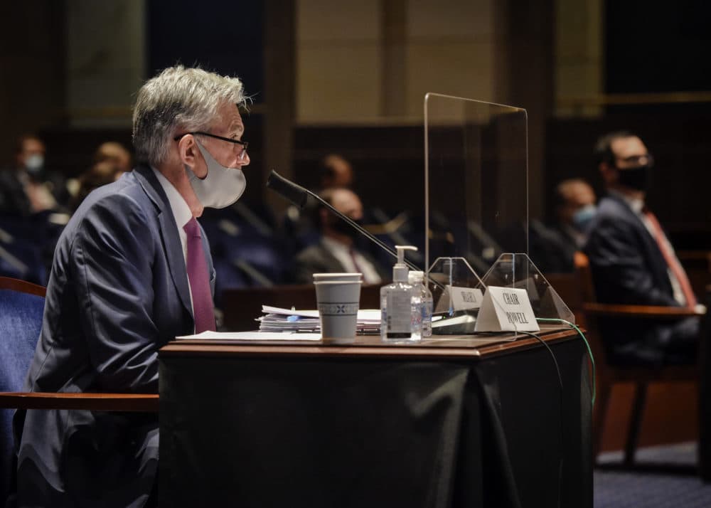 Fed Chairman Jerome Powell (L) and Treasury Secretary Steven Mnuchin (R) appear before the House Committee on Financial Services for a hearing on oversight of the Treasury Department and the Federal Reserve's pandemic response on June 30, 2020. (Bill O'Leary/Pool/Getty Images)