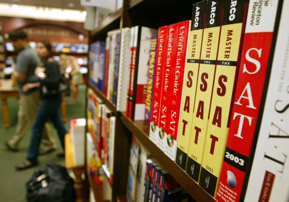 SAT test preparation books sit on a shelf at a Barnes and Noble. (Mario Tama/Getty Images)
