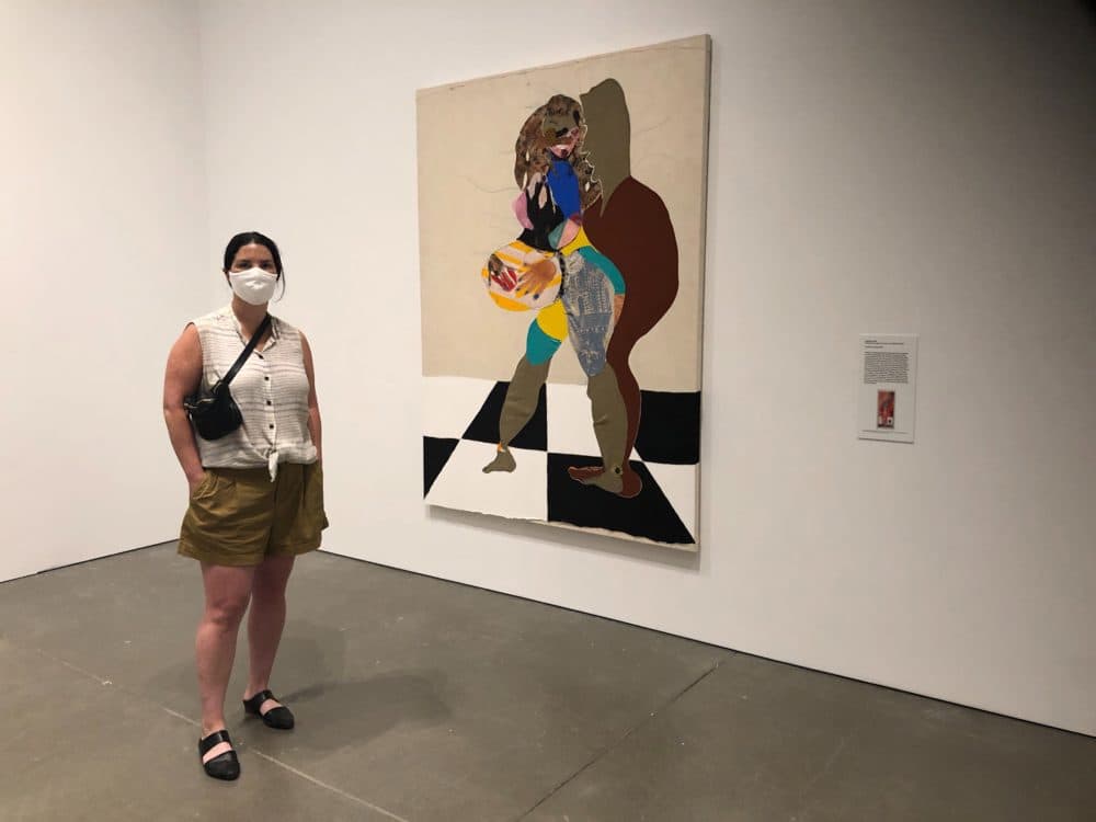 It was definitely on the top of my list to get back to seeing art in museums as soon as it was an opportunity,” said Doreen Danielson as she stood beside a textile collage by Tschabalala Self. (Andrea Shea/WBUR) 