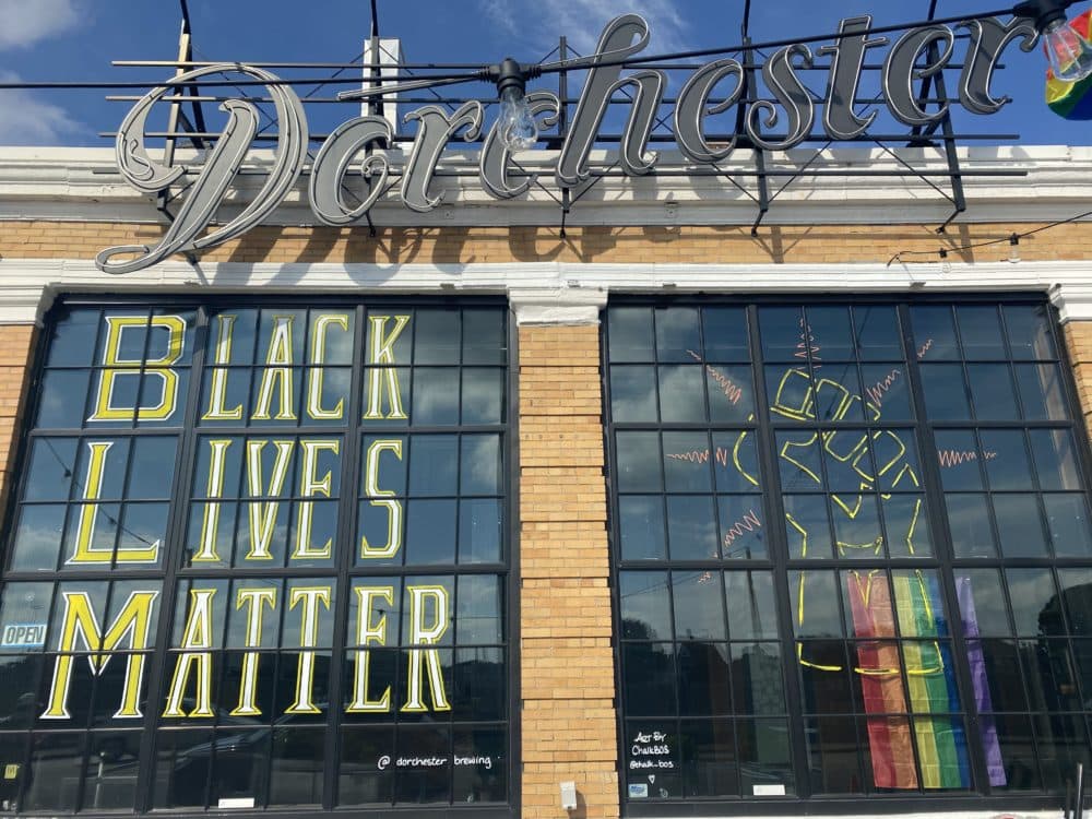 A Black Lives Matter sign is pictured on the Dorchester Brewing A Black Lives Matter sign and fist are pictured on the Dorchester Brewing Company storefront windows. (Courtesy Dorchester Brewing Company) storefront. (Courtesy Dorchester Brewing Company)