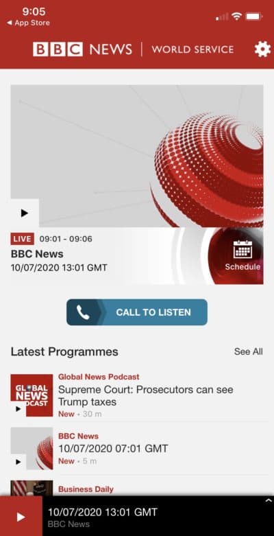 The "call to listen" feature in the BBC World Service app is accessible when data and Wi-Fi are turned off. (Screenshot/BBC World Service)