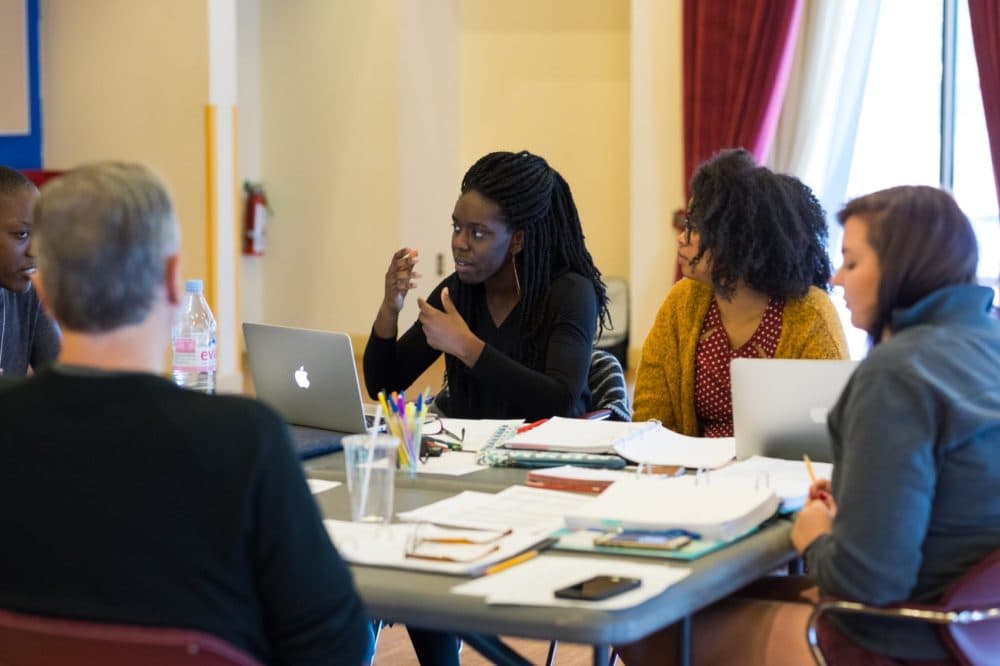 Obehi Janice working on her play &quot;Ole White Sugah Daddy&quot; with dramaturg Phaedra Michelle Scott and others in 2017. (Courtesy Maggie Hall Photography)