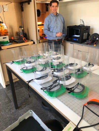 Umbrella artists and volunteers made and distributed PPE throughout the early weeks of COVID-19. Makerspace volunteer Alex Salvi put The Umbrella's 3D printer to work fabricating surgical shields for Emerson Hospital staff.