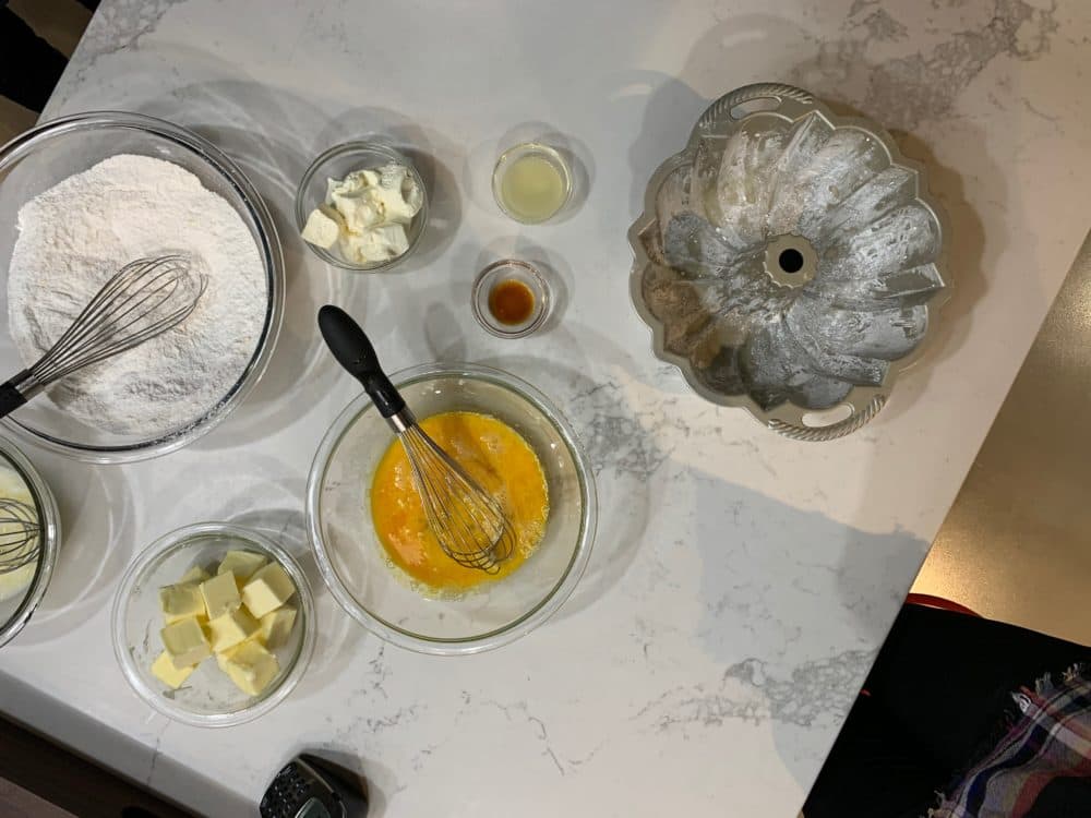 Some of the ingredients for Mother Dear's Lemon Cream Cheese Pound Cake. (Zoë Mitchell/WBUR)