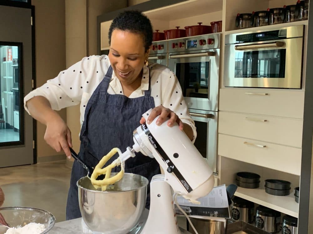 Elle Simone Scott makes lemon pound cake at America's Test Kitchen. (Zoë Mitchell/WBUR)
