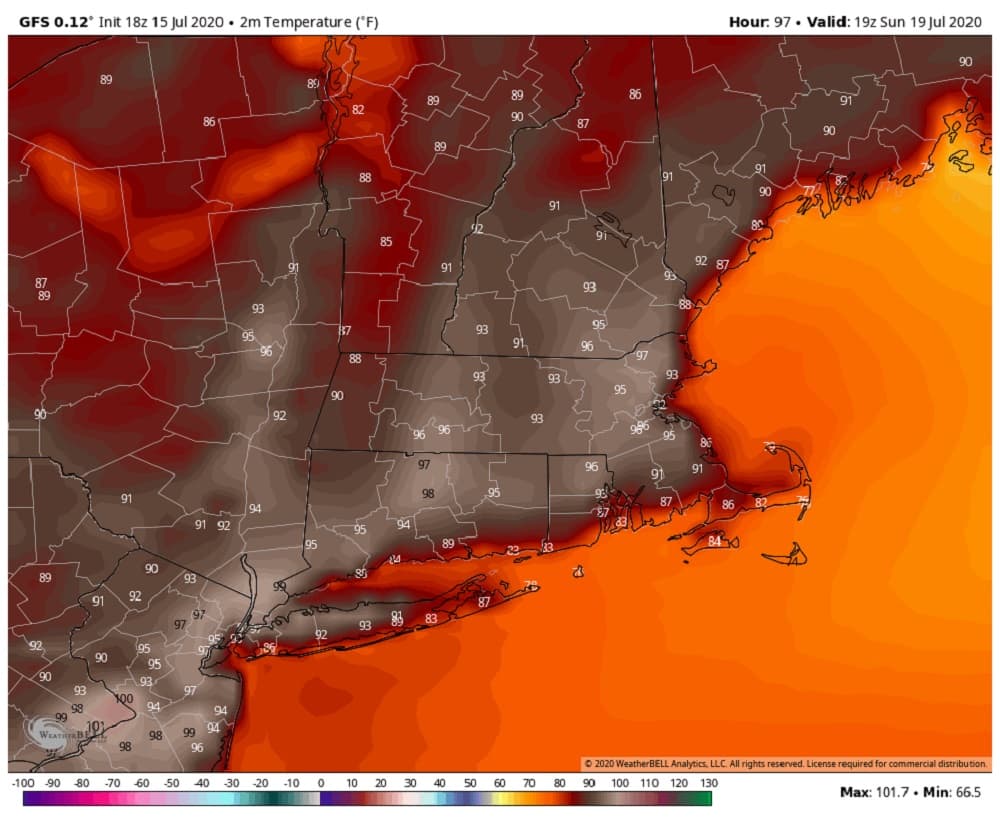Hot weather this weekend brings mid-90s by Sunday. (Courtesy WeatherBell)