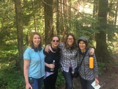 From left, producer Anne Harrison, producer Linda Reisman, writer/producer Anne Rosselini, writer/director Debra Granik on the set of the film &quot;Leave No Trace.&quot; (Courtesy)