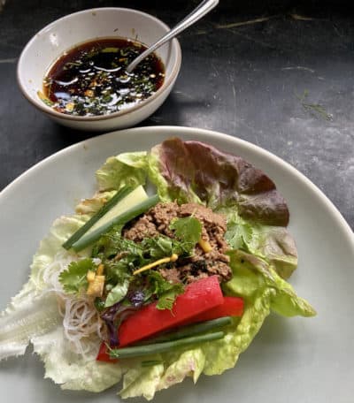 Stir Fried Cilantro And Basil Turkey Wraps In Lettuce Leaves (Kathy Gunst/Here &amp; Now)