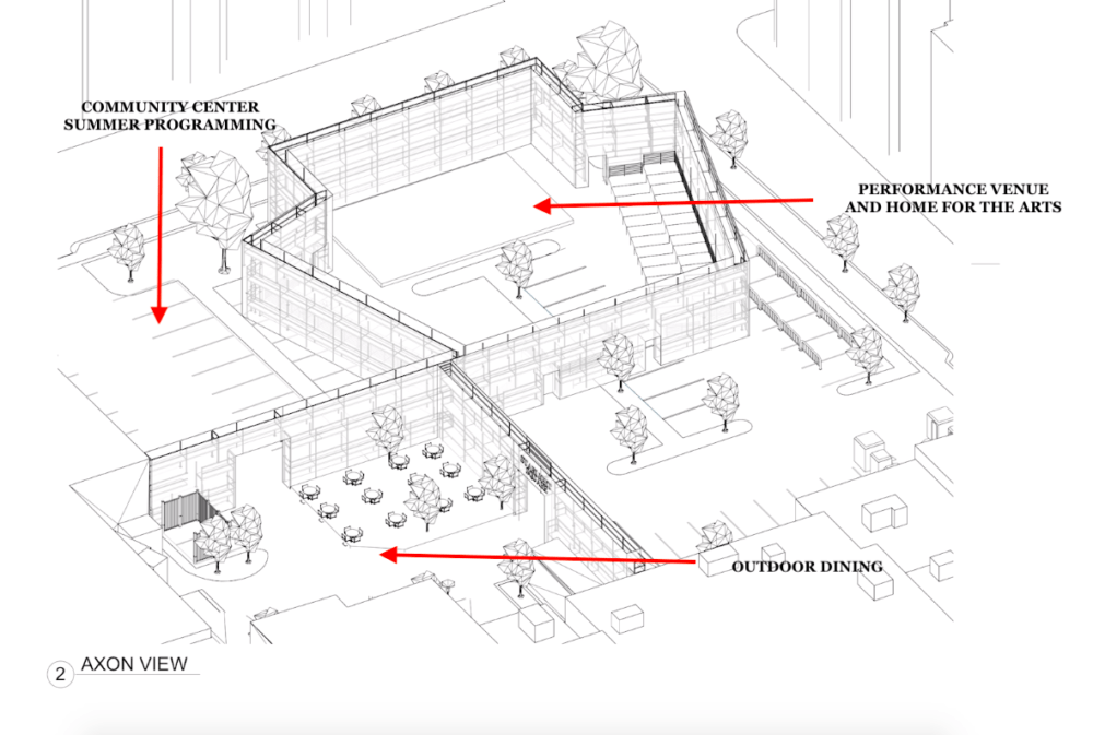 The amphitheater will seat 150 people, and the square will be configured for outdoor dining and community programming. (Courtesy Central Square BID)