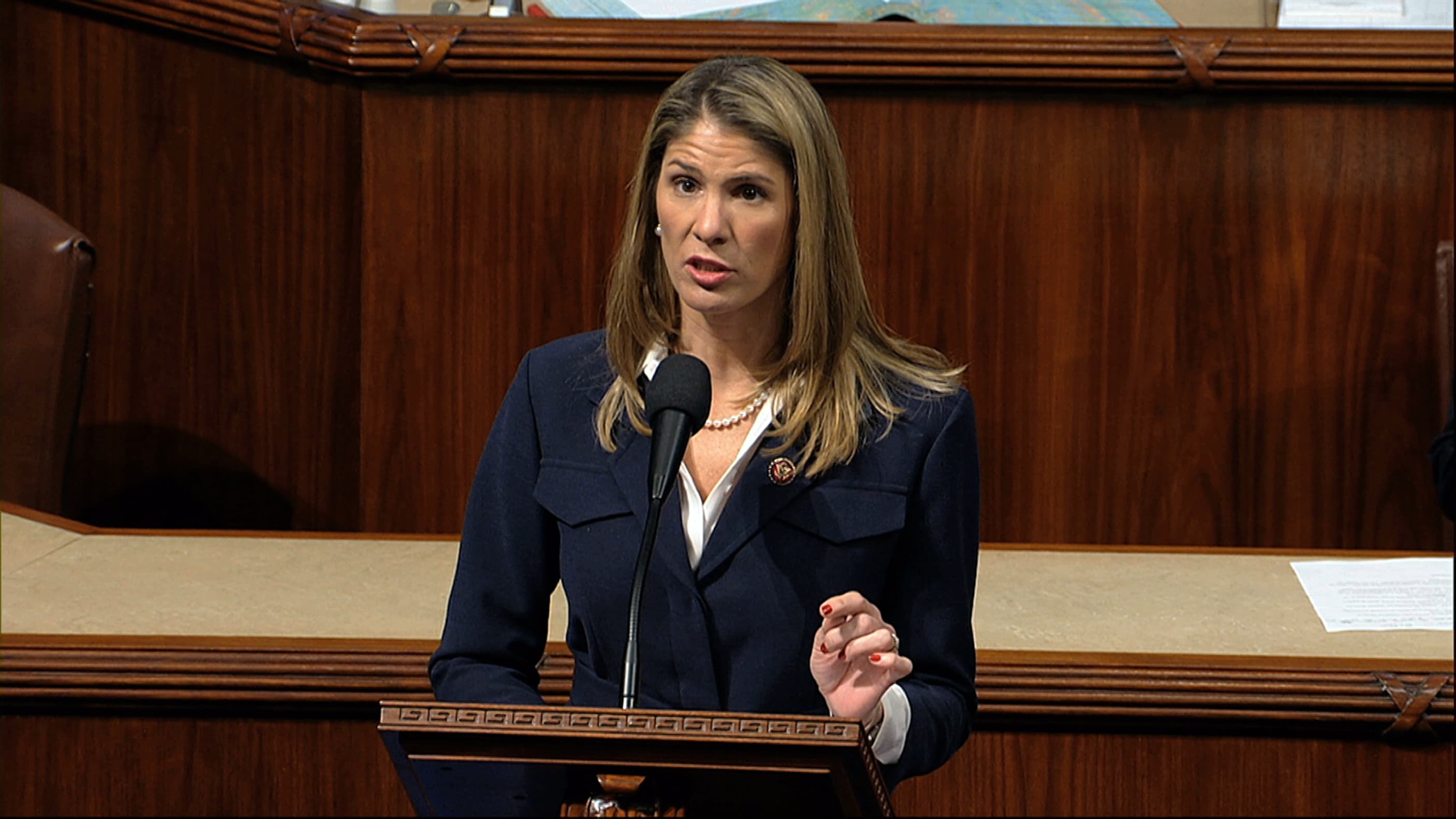 Rep. Lori Trahan, D-Mass., speaks as the House of Representatives debated the articles of impeachment against President Trump at the Capitol in Washington in December 2019. (House Television via AP)