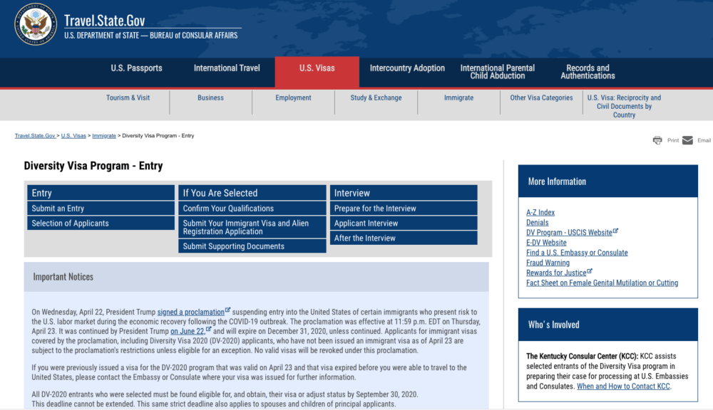 Government notice about diversity visa program. (Screenshot via U.S. State Department website)