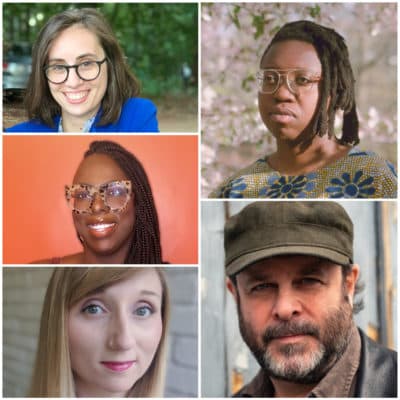 Clockwise from top left: Amelia Mason, Anjimile, Tim Gearan, Karen Muller and Candace McDuffie are this year's panelists for WBUR's Favorite Massachusetts Entry To NPR Music's Tiny Desk Contest. (Courtesy)