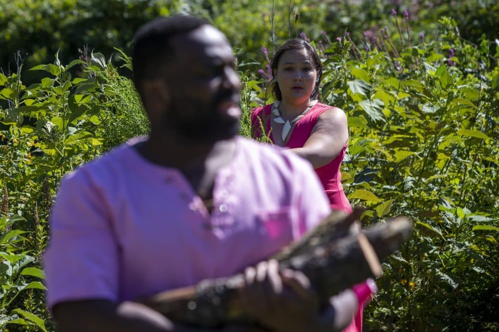 Paige Clark as Miranda peers from behind a bush at Omar Robinson as Ferdinand as they rehearse the log scene in &quot;The Tempest&quot; at the Arnold Arboretum. (Jesse Costa/WBUR)