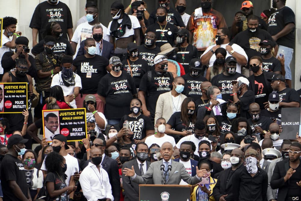The Rev. Al Sharpton, founder and president of National Action Network, speaks at the March on Washington, Aug. 28, 2020, at the Lincoln Memorial in Washington. (Jacquelyn Martin, Pool/AP)