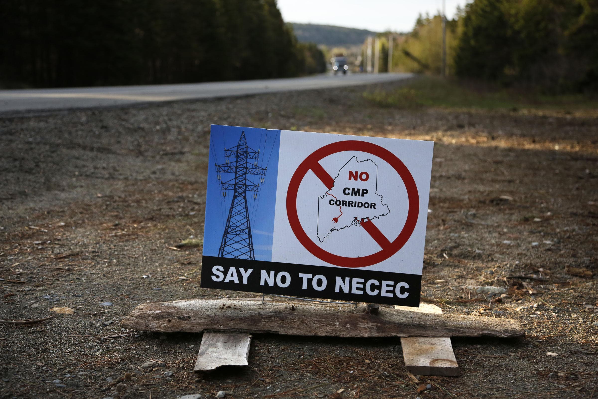 In this May 28, 2019 photo, a sign protests Central Maine Power's controversial hydropower transmission corridor near Jackman, Maine. (Robert F. Bukaty/AP)