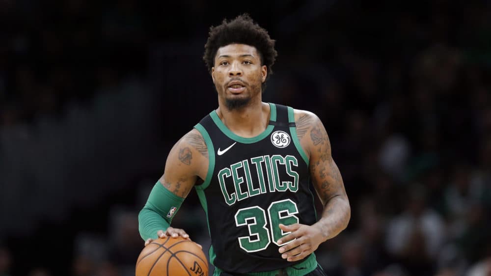 Boston Celtics' Marcus Smart plays against against the Oklahoma City Thunder during an NBA basketball game, Sunday, March, 8, 2020, in Boston. (/Michael Dwyer/AP)