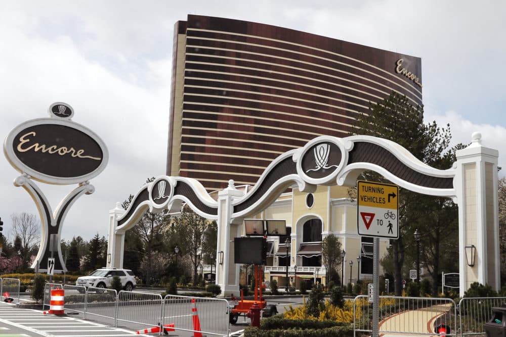 Barricades block the roadway leading to the Encore Boston casino in Everett, Mass., April 22, 2020. The casino, which opened to the public in June 2019, was closed on March 15th due to the COVID-19 virus outbreak. (Charles Krupa/AP)