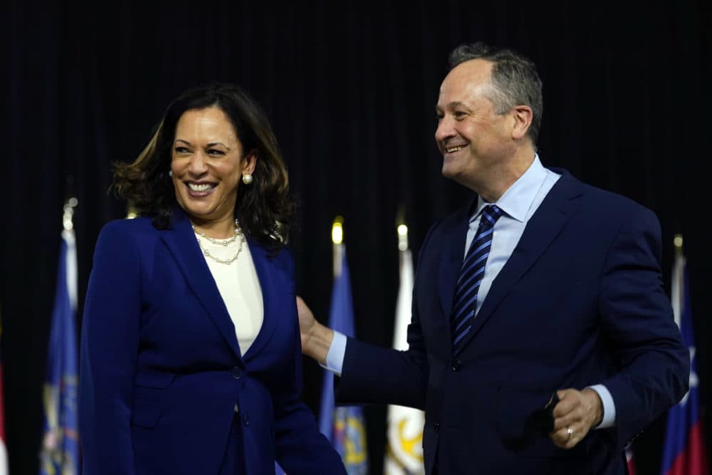 Sen. Kamala Harris and her husband, Douglas Emhoff, after a campaign event with Democratic presidential candidate former Vice President Joe Biden and his wife, Jill Biden, in Wilmington, Del., Wednesday, Aug. 12, 2020. (Carolyn Kaster/AP)