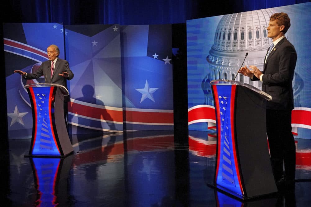 Sen. Edward Markey, left, debates challenger Rep. Joseph P. Kennedy III in the final debate leading up to the Democratic primary, Tuesday, Aug. 18, 2020, in Needham, Mass. (Barry Chin/The Boston Globe via AP, Pool)