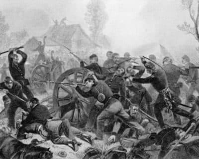 In this engraving by combat artist Alonzo Chappel, Union troops, right, engage in hand-to-hand combat with Confederate forces during the Battle of Shiloh, Tenn., April 7, 1862. (AP Photo)
